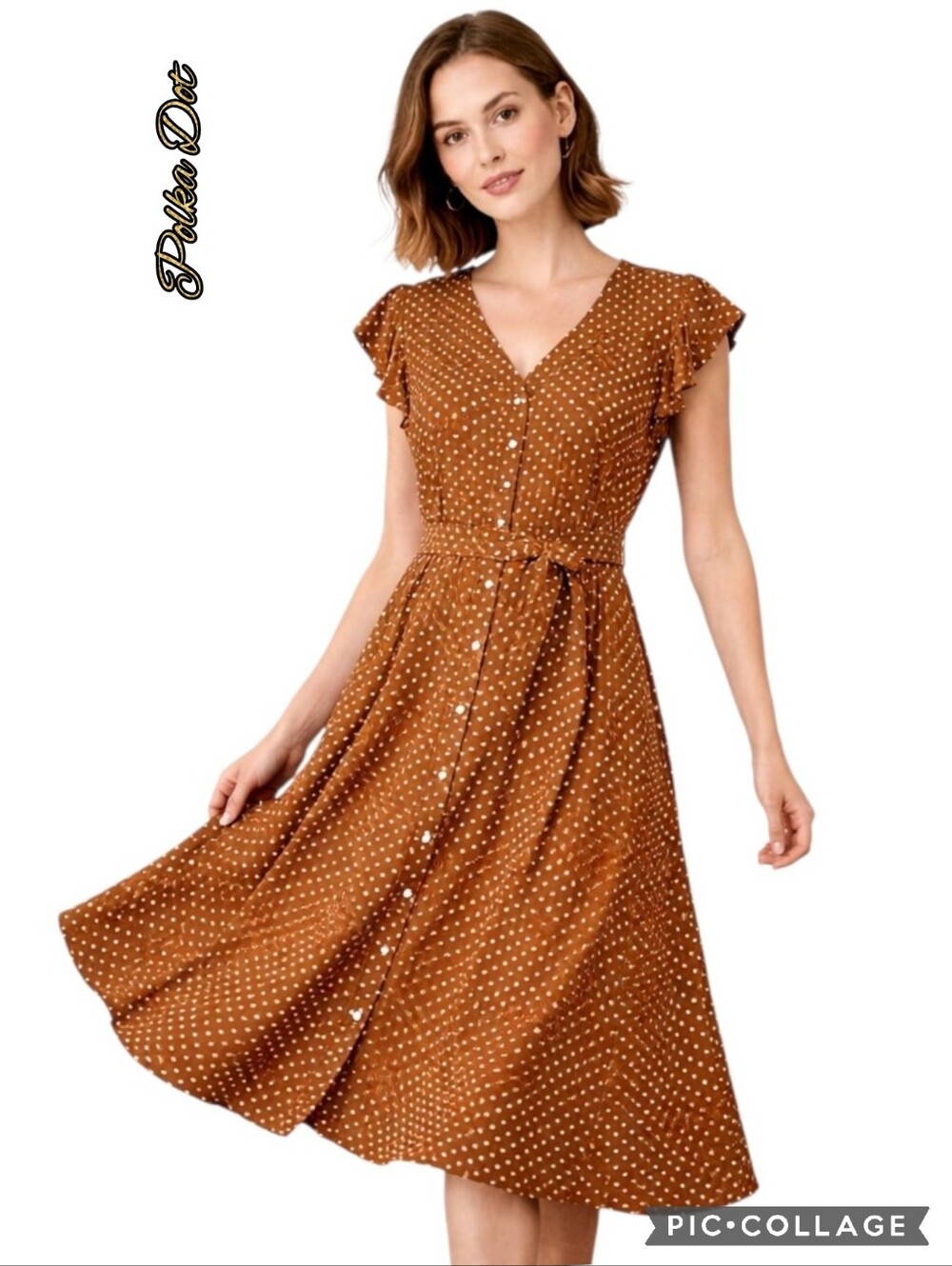 Midi dress brown base white polka dots button front, tie waist, front pockets xl